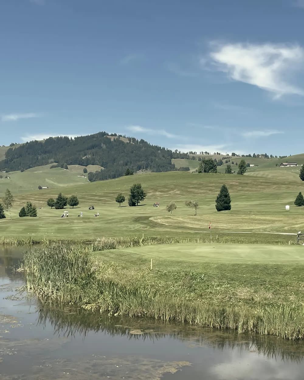 A golf course in rolling pre-alpine countryside.